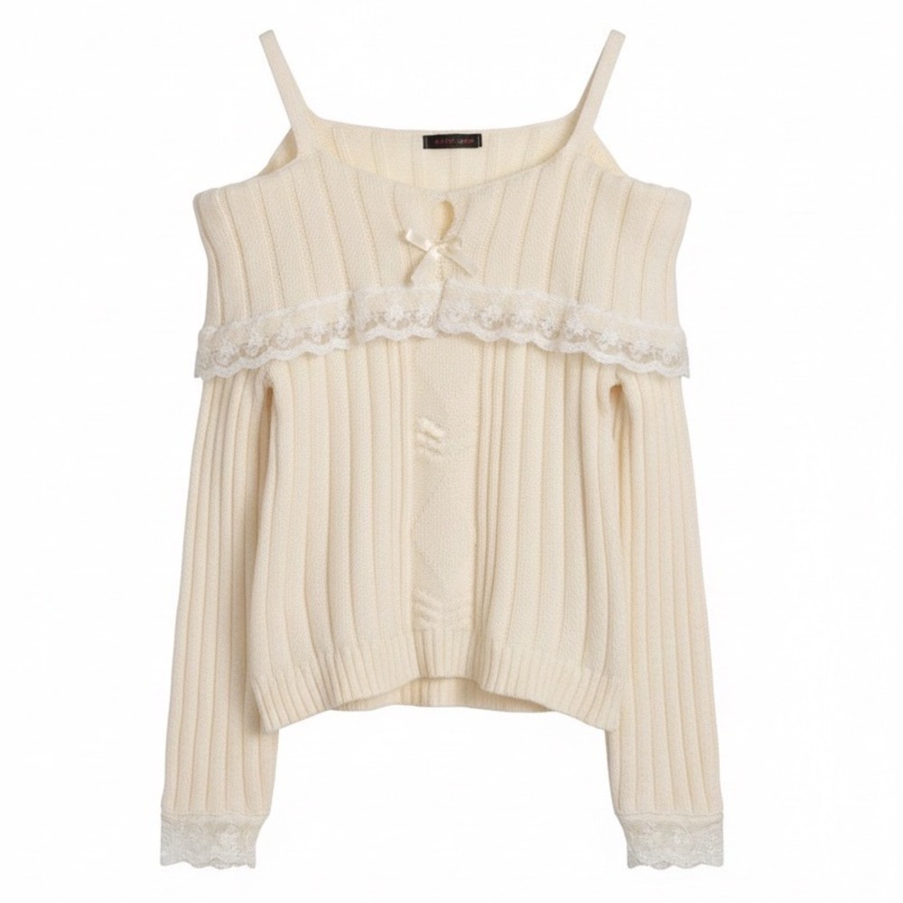 NWOT! ROMWE Off Shoulder Lace Trim Sweater Cream Ribbed Knit Sz M‎ Dainty Soft